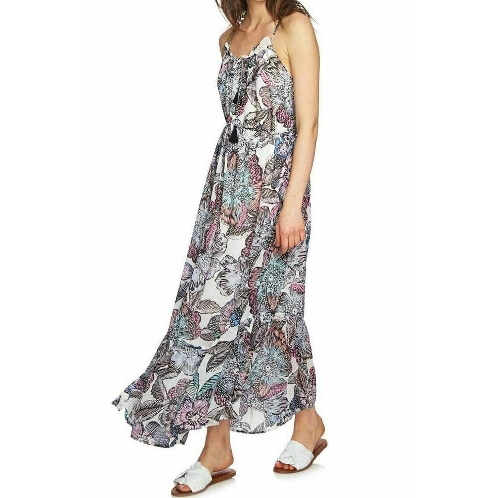 1. STATE Women Maxi Dress Keyhole Neck Tasseled Blue Floral Small NWT